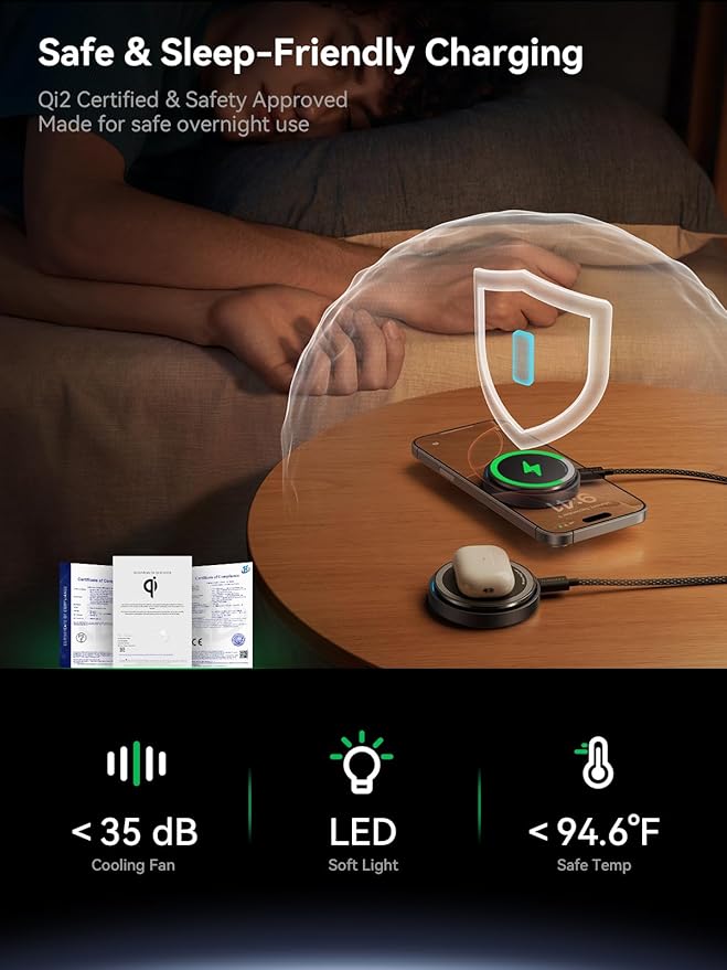 Qi2.2 25W Magnetic Wireless Charger with Cooling Fan | Fast Charging Pad for iPhone 17/16/15/14/13/12 Pro Max and AirPods, 6.6 ft Cables, 35W Adapters Included for Desk(2Pack) - Image 6
