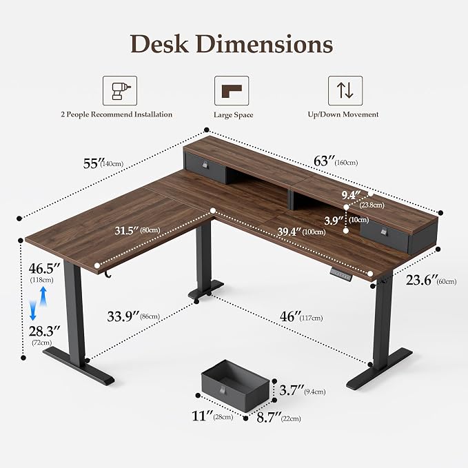 Klicelor L Shaped Electric Standing Desk 63 x 55.1 inch with Shelf, Height Adjustable Corner Desk, Sit Stand Desk with Storage Shelf, Home Office Computer Table, Dark Walnut - Image 2