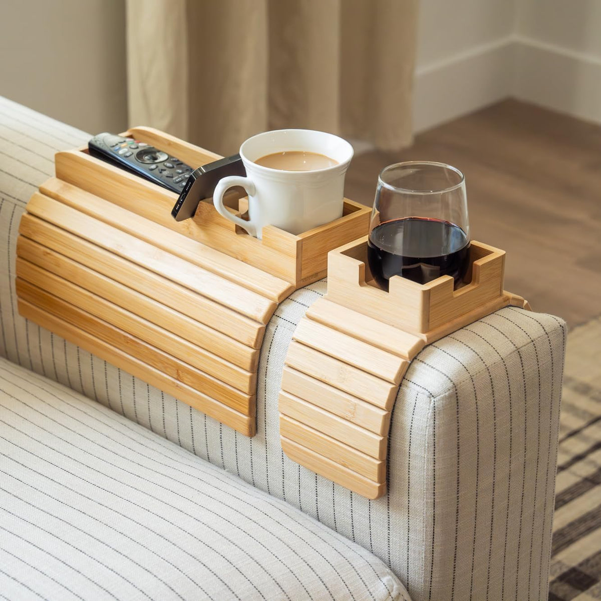 Bamboo Couch Armrest Table, Sofa Arm Tray, Cup Holder & Snack Tray by Onify