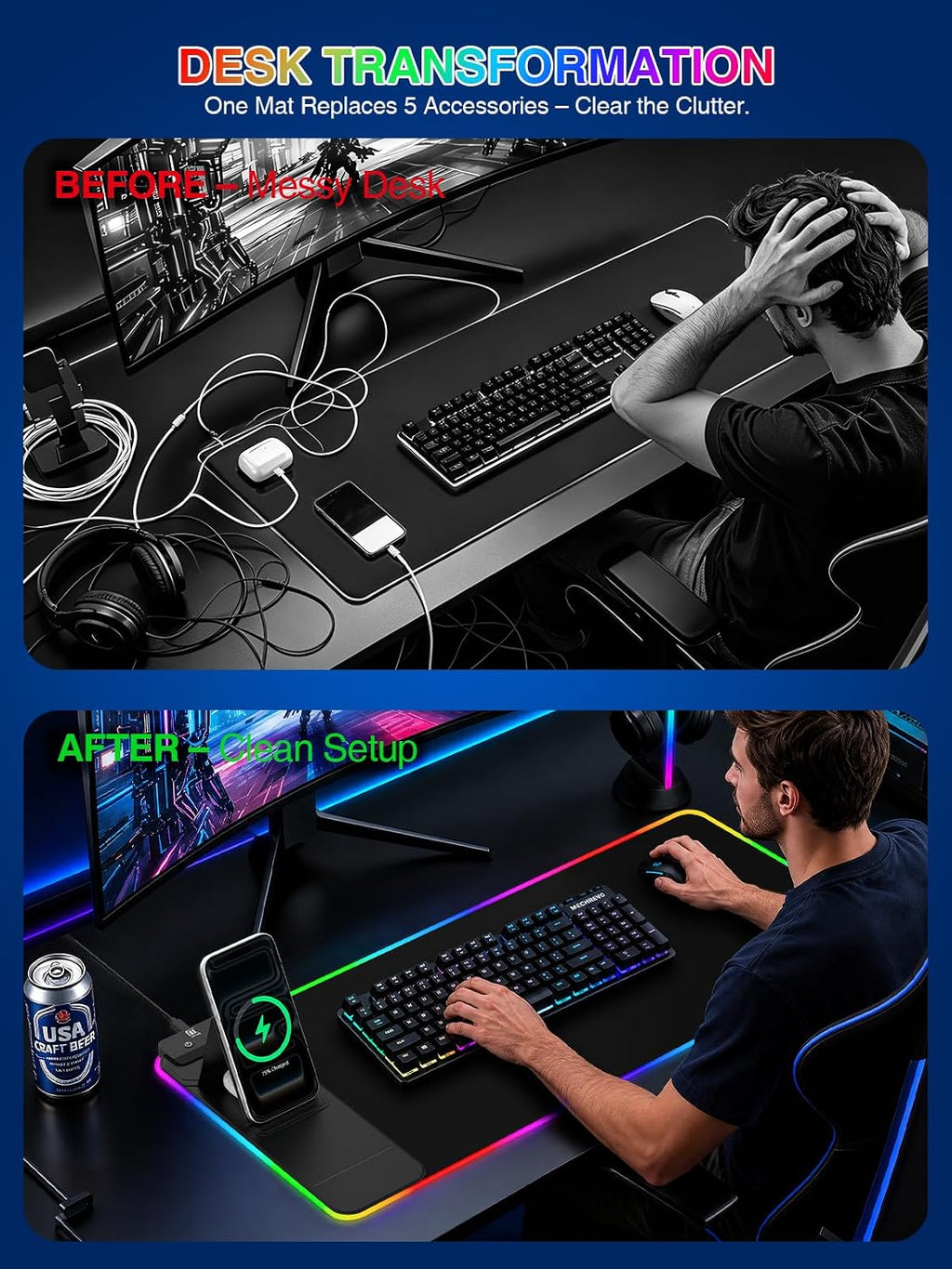 RGB Mouse Pad with Foldable Phone Stand & Wireless Charger, 31.5"x11.8" XL Gaming Mousepad Large Desk Mat, Desk Pad with Dual Charging for Phone & AirPods | 11 Colors & 5 Modes | Waterproof - Image 6