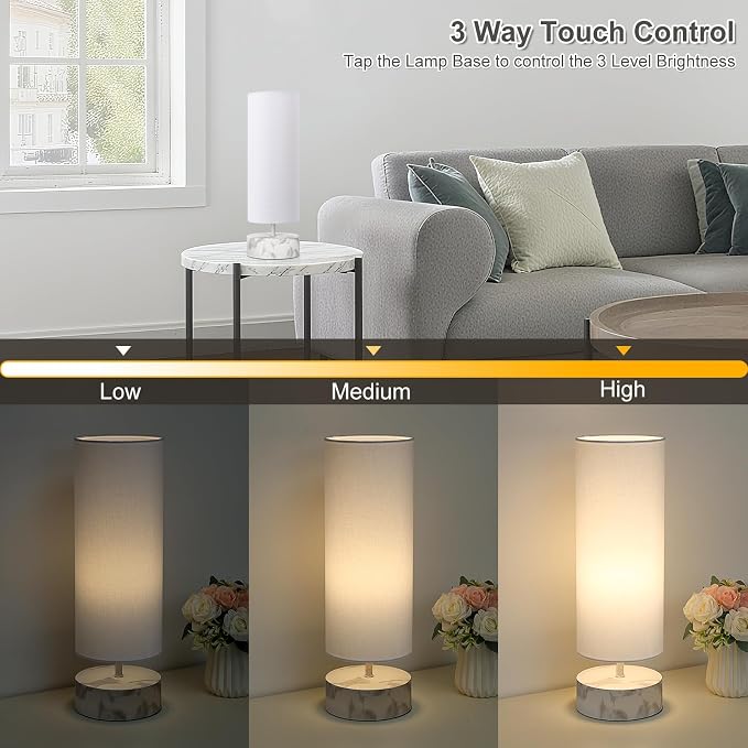 Touch Table Lamp with Marble-Grain Metal Base, 3 Way Dimmable Bedside Lamp | Modern Minimalist Desk Lamp with White Shade, Nightstand Night Light for Bedroom Living Room Home Office, LED Bulb Included - Image 3