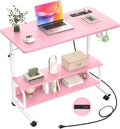 32" Rolling Standing Desk with Charging Station for Couch Bed | Height Adjust 27.5-41", 2 AC/3 USB, Mobile 4 Lockable Wheels, 2-tier Shelves Hook, Safe Corner Fast Assembly by Armocity