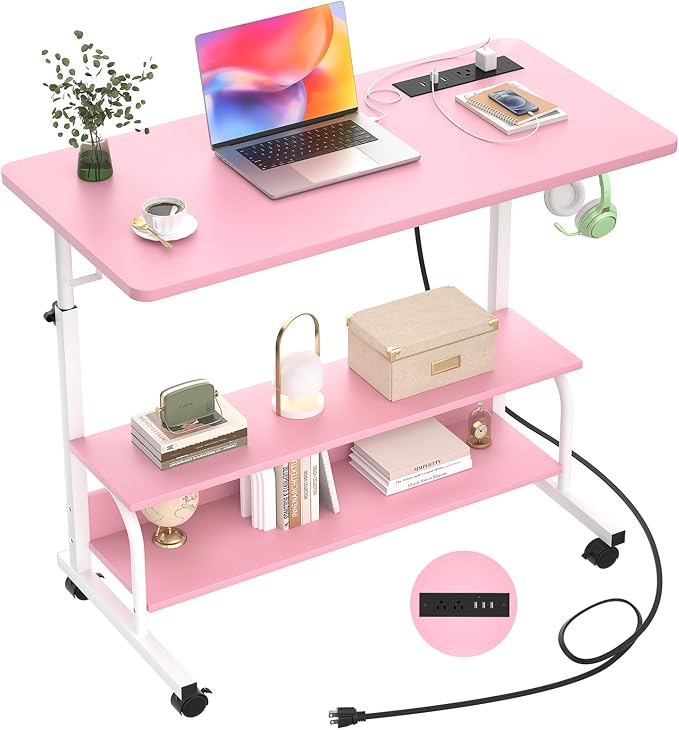 32" Rolling Standing Desk with Charging Station for Couch Bed | Height Adjust 27.5-41", 2 AC/3 USB, Mobile 4 Lockable Wheels, 2-tier Shelves Hook, Safe Corner Fast Assembly by Armocity