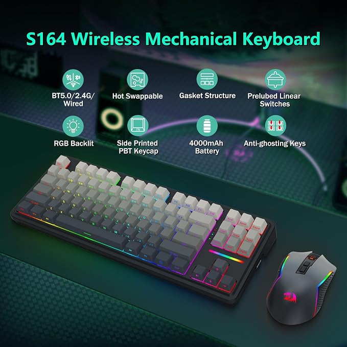 Redragon Wireless Mechanical Keyboard and Mouse Combo, RGB Backlit | Bluetooth/2.4Ghz/USB-C Wired, TKL Creamy Gaming Keyboard with Hot Swappable Linear Switches + 12800 DPI Gamer Mouse - Image 2