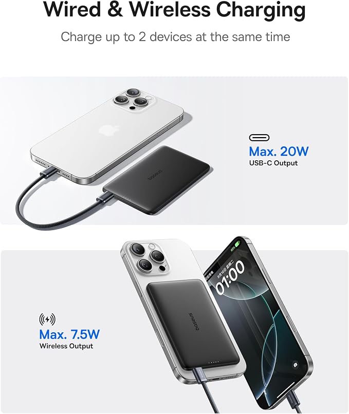 Baseus Picogo Power Bank, 0.3" Ultra Slim 5000mAh MagSafe Portable Charger, Card-Size Magnetic Battery Pack with USB-C Braided Cable, Alloy Wireless Charger for iPhone 17 Pro Max/17 Air/16/15/14/13/12 - Image 5