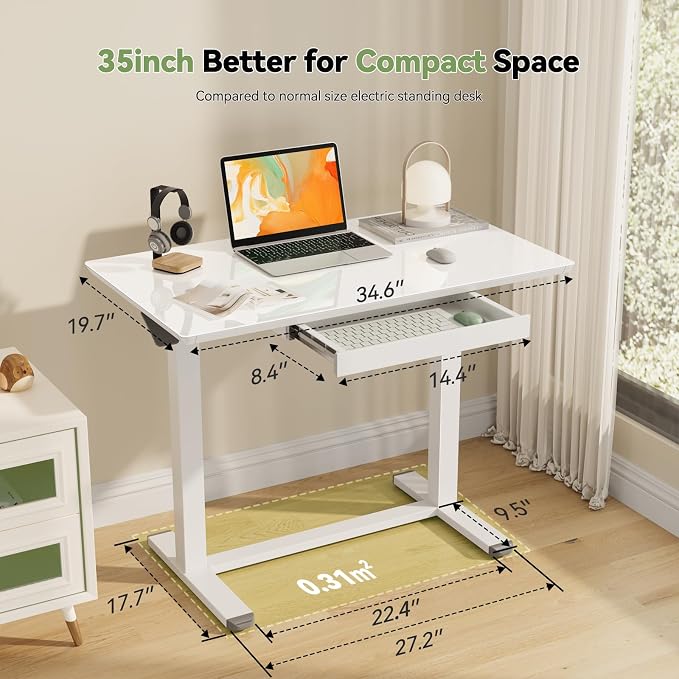 35inch Glass Standing Desk, Height Adjustable with Drawer | Pneumatic Rolling Laptop Desk on Hidden Wheels/Lockable Casters, White Portable Mobile Computer Workstation with Dual Column - Image 2