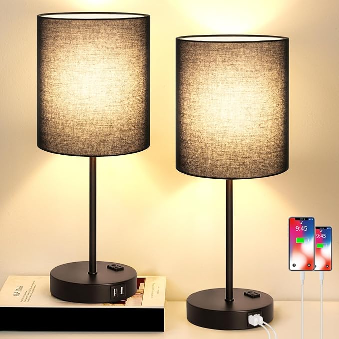 Lynnoland 2 Pack Touch Control Table Lamps with 2 USB & AC Outlet, 3-Way Dimmable Bedside Nightstand Lamps for Bedroom Living Room Nursery, 800 Lumens 3000K Warmlight Bulbs Included by BringBrightnesstoYourLife