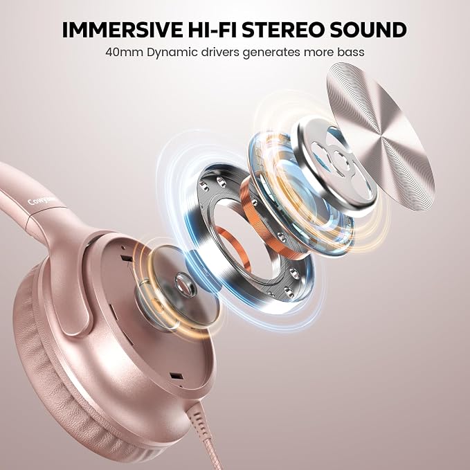 Cowyawn USB C Headphones Wired, Over Ear USB C Wired Headphones with Microphone, Volume Control, HD Stereo Sound, Foldable USB Type C Headphone for Adult/Teens/Laptop/Computer/iPhone 15/16/17, Rose - Image 2