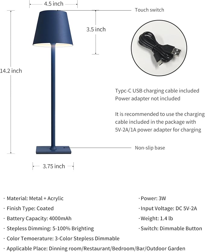 KDG 2 Pack Cordless Blue Table Lamps, Rechargeable Portable LED Desk Lamps | 4000mAh Battery Operated 3 Color Stepless Dimming Up for Restaurant, Bedroom, Outdoor Party, Camping, Coffee Shop, Nightlight - Image 5