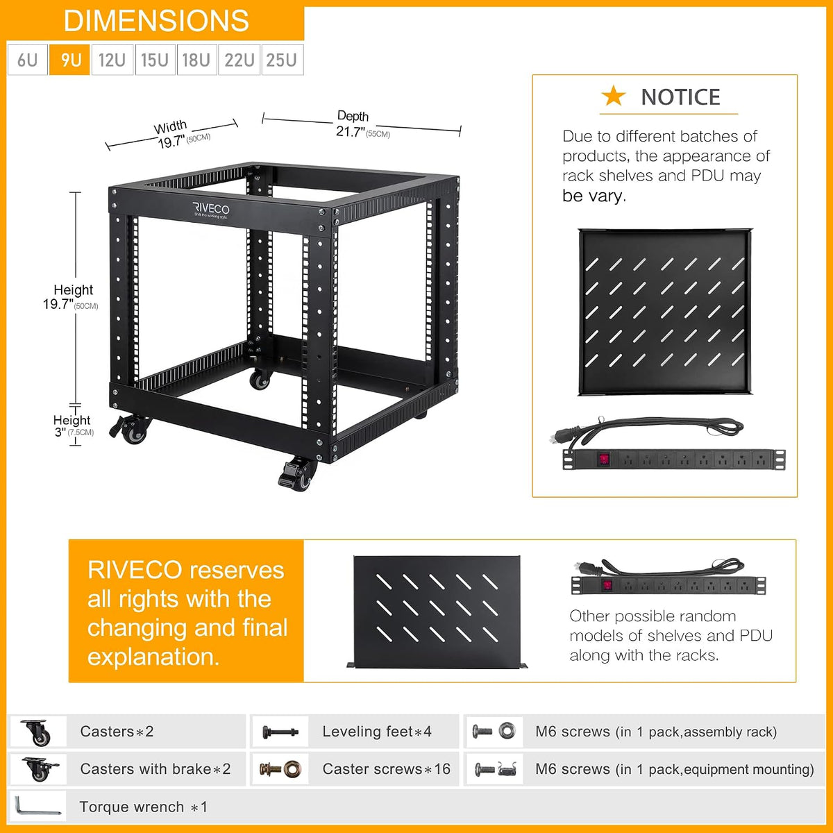 9U Open Frame Server Rack with Wheels + PDU (8 Outlets) Power Strip Surge Protector (1u Rack Shelf 1pcs +PDU) - Image 2