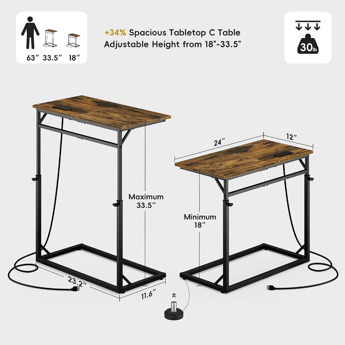 C Shaped End Table with Charging Station, Large C-Table End Table Adjustable Height Side Table for Couch, Couch Table Slide Under Sofa Table TV Tray Table for Sofa, Living Room, Bedroom,Brown - Image 3