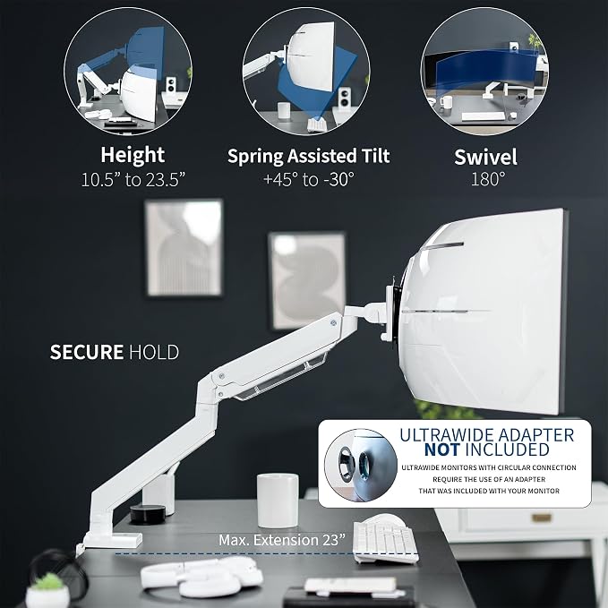 VIVO Premium Aluminum Heavy Duty Monitor Arm for Ultrawide Monitors up to 49 inches and 33 lbs, Single Desk Mount Stand, Pneumatic Height, Max VESA 100x100, White, STAND-V101G1W - Image 6