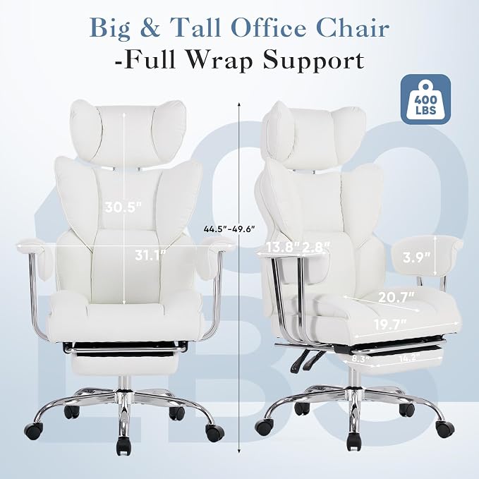 DUMOS Big and Tall Home Office Desk Chair, Executive Chair with Footrest | Scratch-Resistant PU Leather, Ergonomic Reclining, Pocket Spring Support, 400 LBS Weight Capacity, White - Image 7