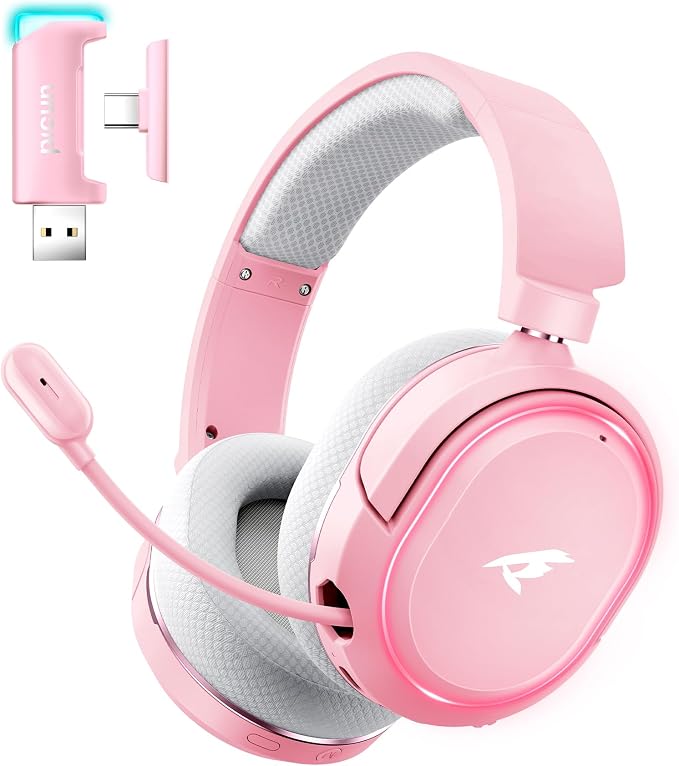 Wireless Gaming Headset, 7.1 Surround Sound, 2.4GHz USB Gaming Headphones with Bluetooth 5.4, 100H Battery, ENC Noise Canceling Mic, RGB Light, Wireless Headset for PC PS5 PS4 Mac Switch (Gray-Pink) by Valorise