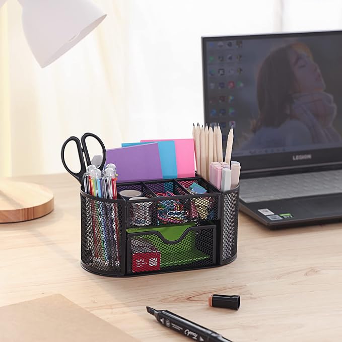 EOOUT Desk Organizer Black Mesh Pencil Holder 8 Compartments 1 Drawer | Black Desk Accessories, 8 Compartments, Pull-Out Drawer, for Pens Pencils Scissors Notes, School and Office Supplies - Image 6