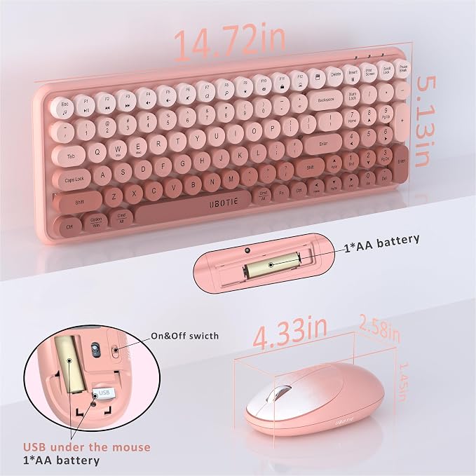 UBOTIE Wireless Keyboards and Mouse Combo (Peach Gradient) | Colorful Gradient Rainbow Color Retro Typewriter Flexible Keyboard, 2.4GHz Connection and Optical Mouse for PC Wins Mac - Image 6