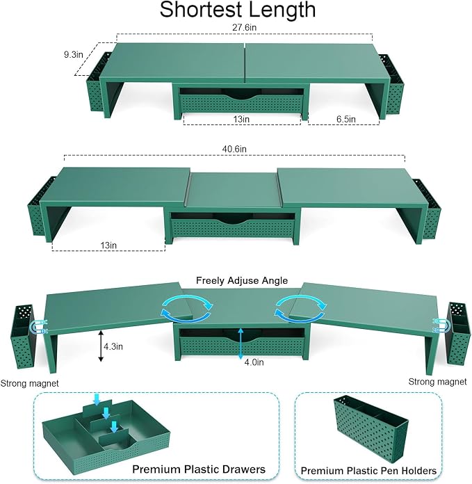 gianotter Dual Monitor Stand Riser With Drawer and 2 Pen Holders | Computer Monitor Stand Desk Organizer and Accessories Desk Shelf for Top of Desk (Green) - Image 5