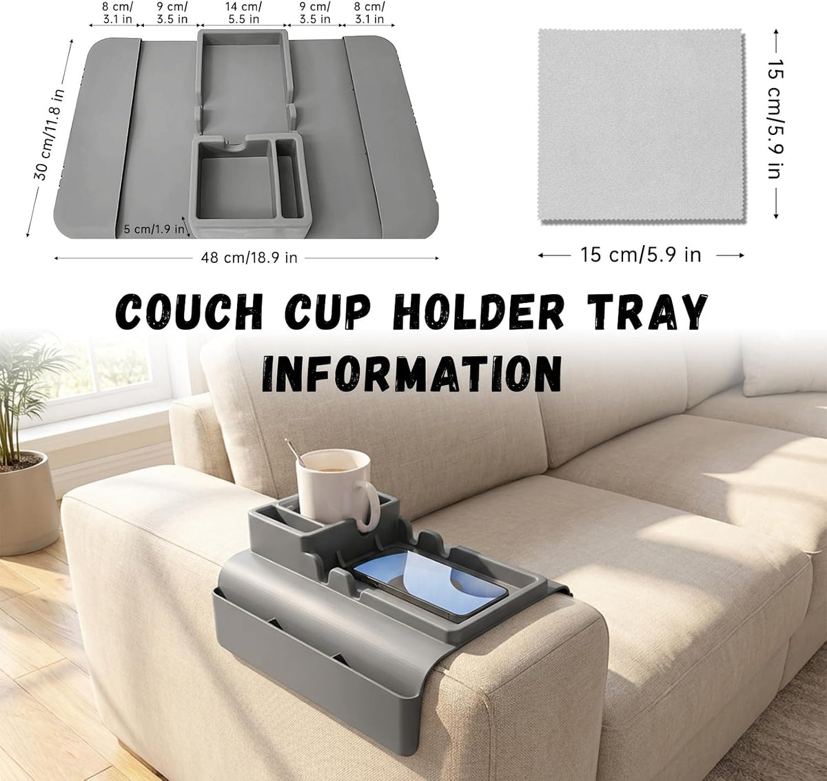 2 PCS Couch Cup Holder Tray, Sofa Armrest Tray with Side Pockets - Image 2