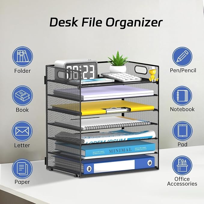 7 Tier Paper Organizer for Desk with Mesh Letter Trays and Handle 2 Pack | 2 Pack Desk File Organizer with Handle for Sorting Papers, Files, Folders, Mail, Bills and Office Supplies - Image 5