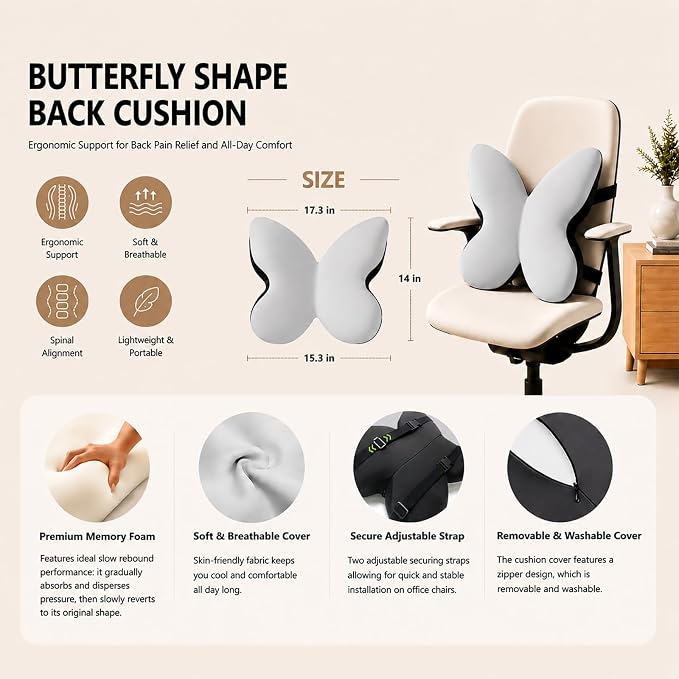 Memory Foam Lumbar Support Pillow,Back Support for Office Chair,Back Pillow for Chair,Ergonomic Lower Back Cushion for Desk Chair,Computer Chair,Gaming Chair and Car Seat,Washable Cover(Gray) - Image 7