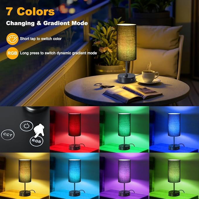 Table Lamp with 3 CCT (3000K/4500K/6500K), Stepless Dimmable Bedside Lamp with 7 Color Changing, Modern Nightstand Light with Black Shade for Bedroom, Kids Room, Home, Office - Image 2