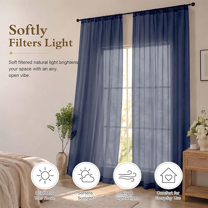 Navy Blue Sheer Curtains 84 inches Long for Living Room 2 Panels Set | Sheer White Curtains for Bedroom, Rod Pocket Airy Light Filtering Window Treatments, 2pcs, Each Panel 42" Width x 84" Long - Image 2