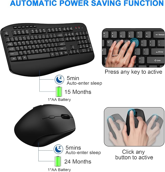 Wireless Keyboard and Mouse Combo, EDJO 2.4G Full-Sized Ergonomic Computer Keyboard with Wrist Rest and 3 Level DPI Adjustable Wireless Mouse for Windows, Mac OS Desktop/Laptop/PC,Classic Black - Image 3
