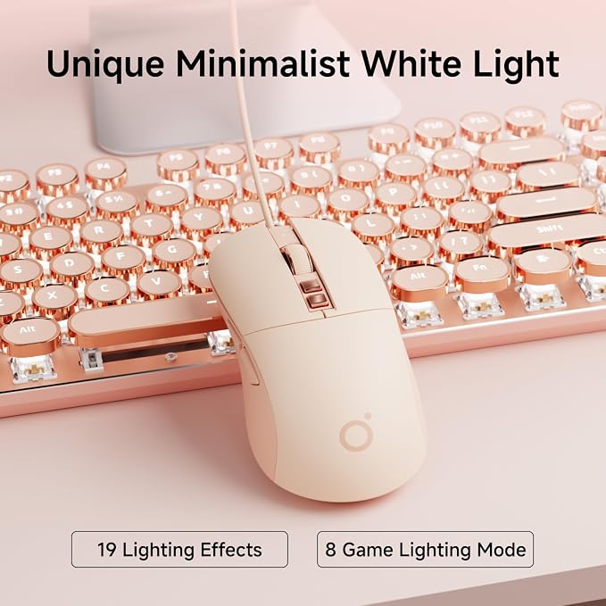 EWEADN Wired Typewriter Keyboard and Mouse Combo, Typewriter Style Mechanical Keyboard,104 Keys Backlit LED Keyboards, Media Control Knob, Wired Keyboard Pink Switch for Windows/PC-Rose Gold - Image 3