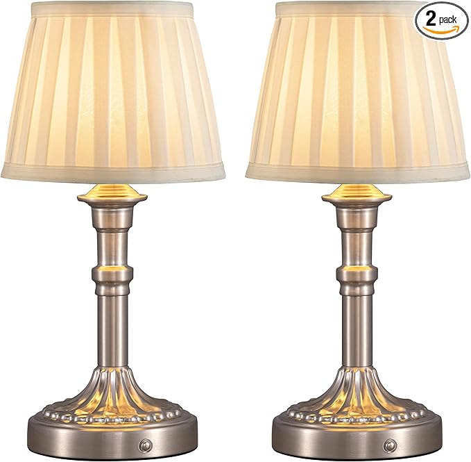 KDG Nickel Cordless Table Lamps Set of 2, Beige Fabric Shade Desk Lamp | Portables 4000mAh Battery Powered, Small LED Lighting, 2700K Stepless Dimmable, Light for Living Room, Dining Room, Bedroom by KDG