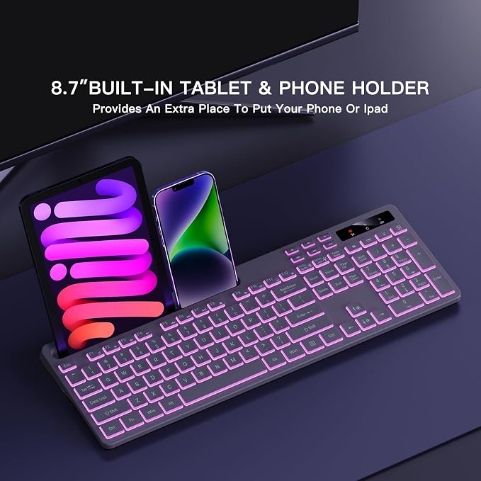 Soueto Wireless Keyboard with 7-Color RGB Backlit, Full-Size Computer Keyboard with Phone Tablet Holder, 2.4G Rechargeable Gaming Keyboard with Light Up Keys, Compatible with Mac, Windows (Grey) - Image 4