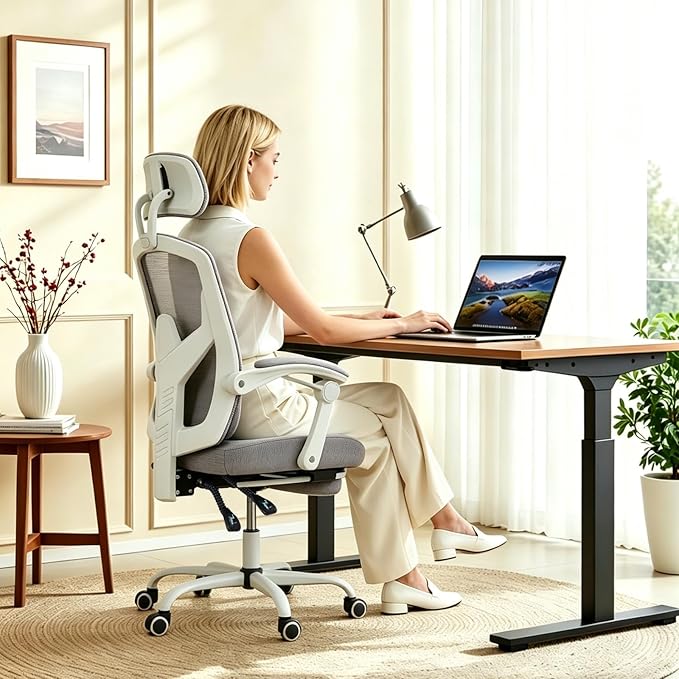 Ergonomic Office Chair with Footrest, Computer Gaming Chair | Adjustable Headrest, Lumbar Support, Swivel Reclining, Padded Armrest, Mesh High Back, Home Desk Work Study, Grey - Image 2