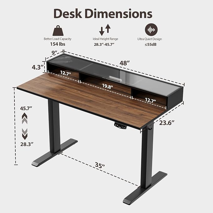 Agilestic 48 * 24 Inch Electric Standing Desk with Glass Shelf, Dark Walnut | Electric Height Adjustable, 2 Storage Drawer, Monitor Stand, Sturdy Steel Frame, Memory Presets, Hooks, 154 lbs, Splice Board - Image 3