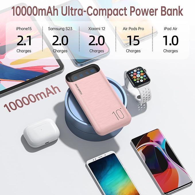 YOBON Power Bank 10000mAh Portable Charger Slim Battery Pack with 2 USB 2.4A Outputs and USB C in/Out Compatible with Huawei iPhone 16 15 14 13 12 iPad Samsung Galaxy S20 Android Tablet (Light Pink) - Image 4