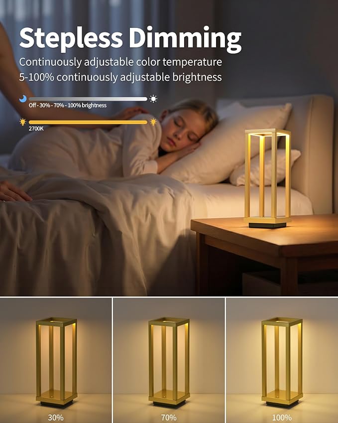 PUSU Cordless Waterproof Table Lamps, Gold Outdoor Rechargeable Desk Lamp | 4000mAh Battery Operated, 2700K 3-Level Dimmable, Portable LED Lighting for Patio, Camping, Bedroom, Night Light - Image 7