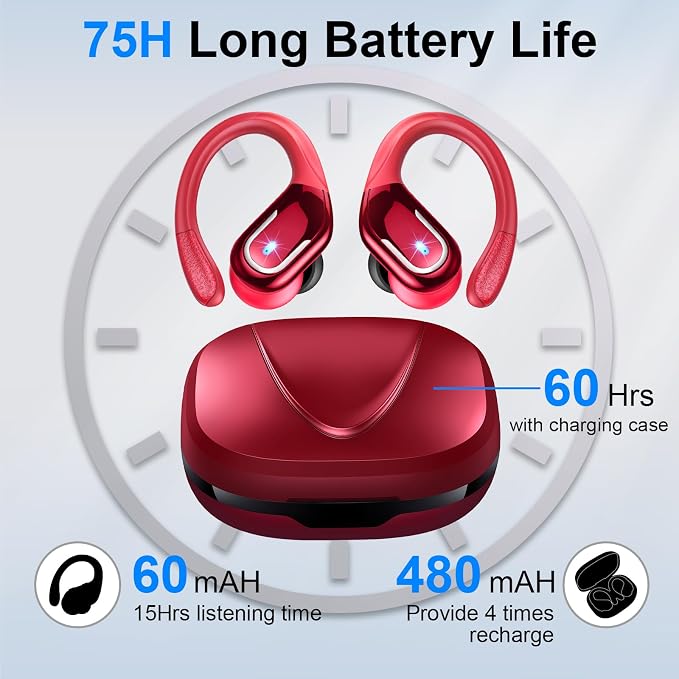 Wireless Earbud, 75Hrs Bluetooth 5.4 Headphones IP7 Waterproof for Sport, Running Wireless Earphones with ENC Noise Canceling Mics, Deep Bass Over Ear bud with Earhooks for Android, iOS, Workout, Gym - Image 4