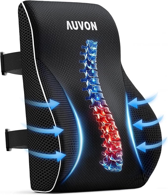 AUVON Office Lumbar Support Pillow with Patented Bulge for Back Support | Ergonomic Office Home Essentials Improve Posture, Memory Foam Chair Cushion for Home, Office, Car, Mesh Cover, Double Straps by AUVON