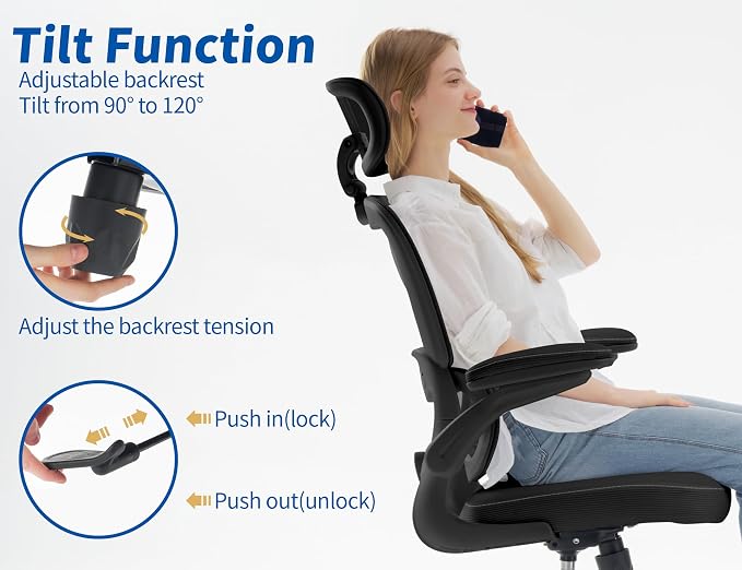 TRALT Ergonomic Office Chair Desk Chair with Adjustable Lumbar Support | Home Office Desk Chairs with Flip-up Armrests & 3D Headrest - Mesh Gaming Chair for Adults, 330lbs, PU Leather (Black, 3) - Image 8