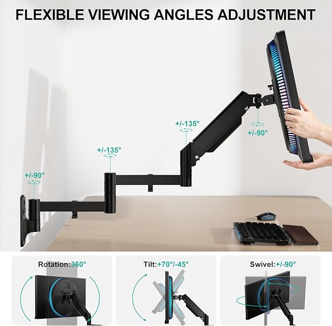 WALI Long Arm Monitor Wall Mount for 17-33 inch Screens, Extra Long Reach Single Wall Mount Monitor Arm, Full Motion Adjustable Vesa Wall Bracket 75x75/100x100mm, up to 22lbs (GSWM001L), Black - Image 5