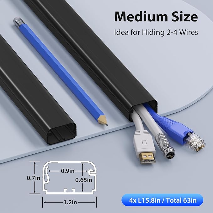 ZhiYo Large Capacity Wire Hiders for TV on Wall for 2-4 Cords, 63in (4xL15.8in) PVC Cable Cover with Adhesive Tape, Snap and Lock Design for Wall Mounted TV, Black Cord Covers for Wires on Wall - Image 2