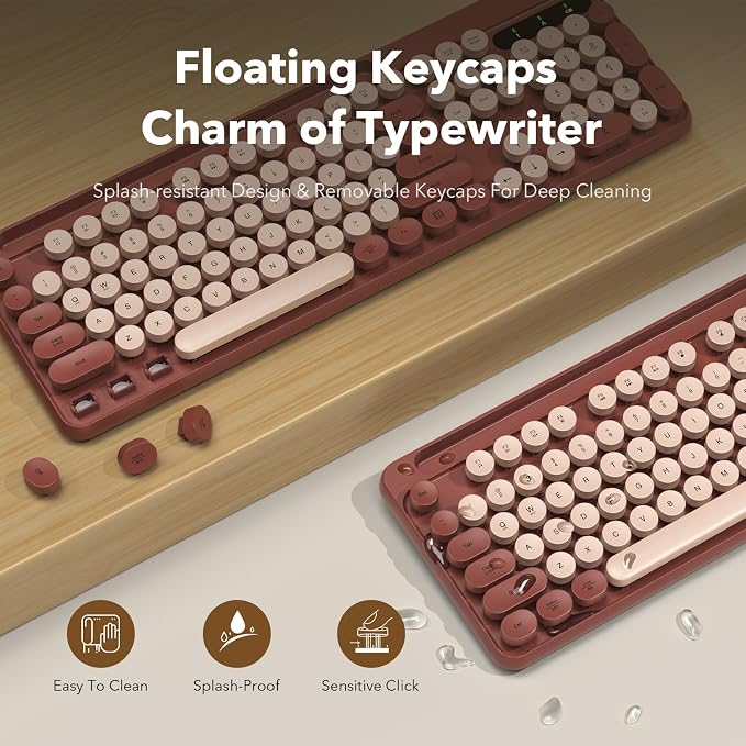 Wireless Keyboard and Mouse Combo, Retro Round Keycaps, Full-Size Cute Typewriter Keyboard with Large Phone/Tablet Holder, Auto-Sleep, 2.4GHz Cordless Connection for Windows/PC/Laptop (Wine Red) - Image 4