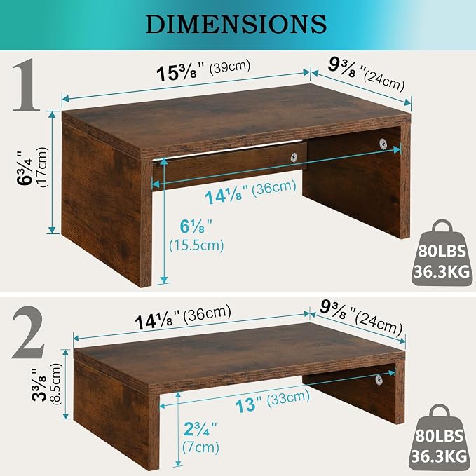 TEAMIX 2-Pack Monitor & Laptop Stand Riser, Wood High-Low Dual Monitor Set | Stacked/Separate Use, Adjustable Computer Stand for 2 Monitors, Holds 80Lbs, Rustic Desk Organizer for Home Office, Gaming - Image 4