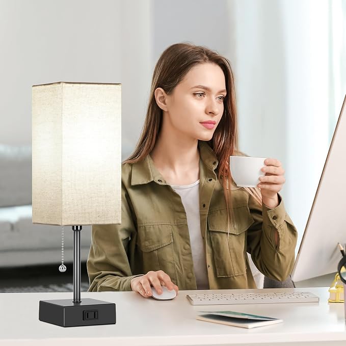 15'' Bedside Table Lamp for Bedroom Small Night Light Lamps for Night stand | Pull Chain Table Lamps for Night stands with AC Outlet，desk lamp with 2 Bulbs Lamp for Living Room Kids Room Office Decor - Image 7