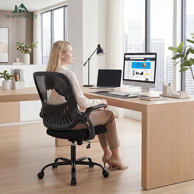 Home Office Desk Chair with Flip-up Armrest, Computer Chair | Lumbar Support, Height Adjustable, Mesh Mid-Back, Ergonomic Task Gaming Chair with 360° Swivel Wheels for Adults, Black - Image 8