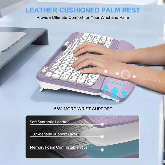 EAYBLLY 2.4G Wireless Ergonomic Keyboard, Full Size Wave Keys with Memory Foam Wrist Rest & 7.28in Phone Holder, USB-C Adapter Included for Windows Mac Chrome OS, Office or Home (Purple) - Image 3