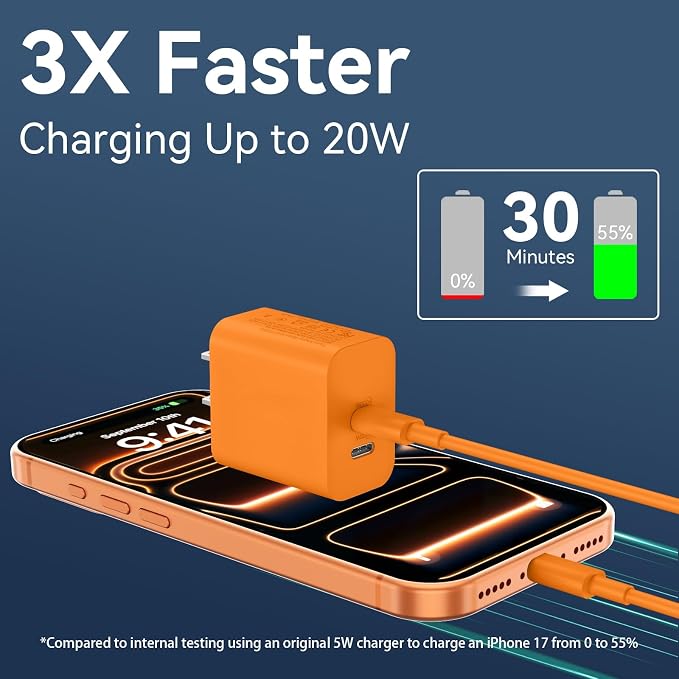20W Dual Port USB C Charger Block for iPhone 17 16 15 Pro Max Charger Fast Charging with 10FT Long USB C to C Charging Cable Cord for iPhone 17 16 15 Pro Max/17 16 15Pro/15, Android Phone-Orange - Image 2