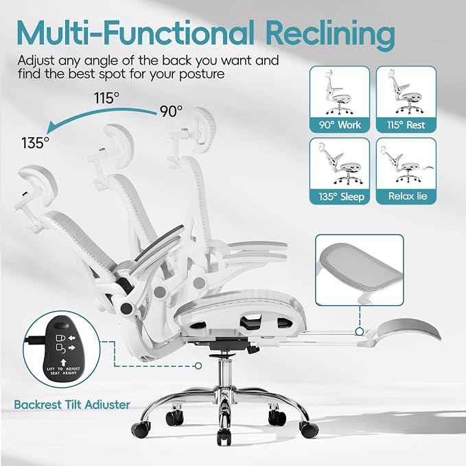 Ergonomic Office Chair, Home Office Desk Chairs with Adjustable Lumbar | Allion Ergonomic Mesh Computer Gaming Chairs with 3D Headrest, Flip-up Arms, Big Tall Reclining chair for Men Women, Grey - Image 3