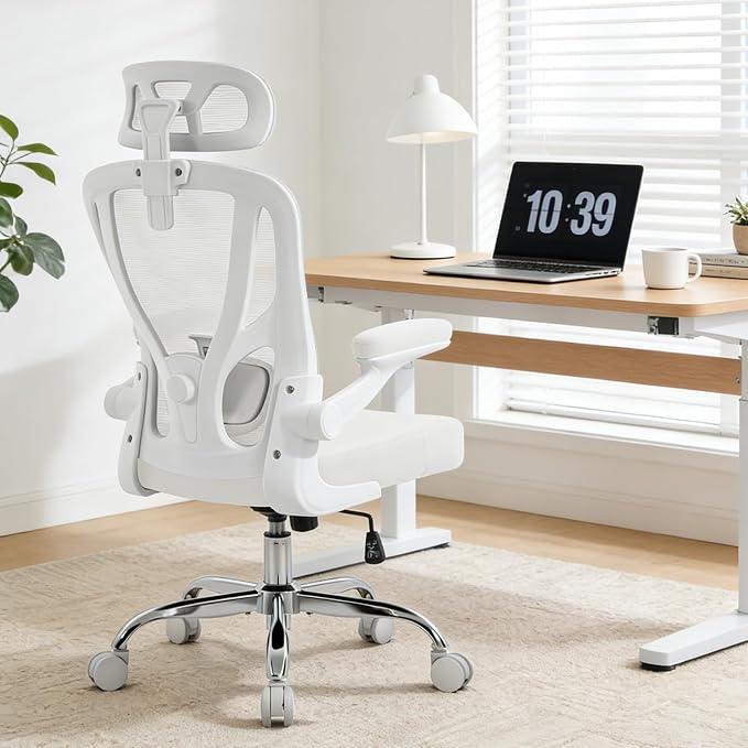 Office Chair Ergonomic Office Chair, Mesh Desk Chair, White, 1 PK | Lumbar Support, Head Support, Rocking Function, Flip-up Armrests, Mesh High Back, Suitable for Home Office by Unknown