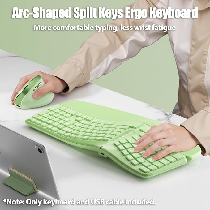 Split Ergonomic Keyboard Wireless with Cushioned Wrist & Palm Rest | Wireless 2.4G/Bluetooth/Wired USB-C, Comfortable Natural Typing, Compatible with Windows/Mac/PC/Laptop, Matcha Green - Image 2