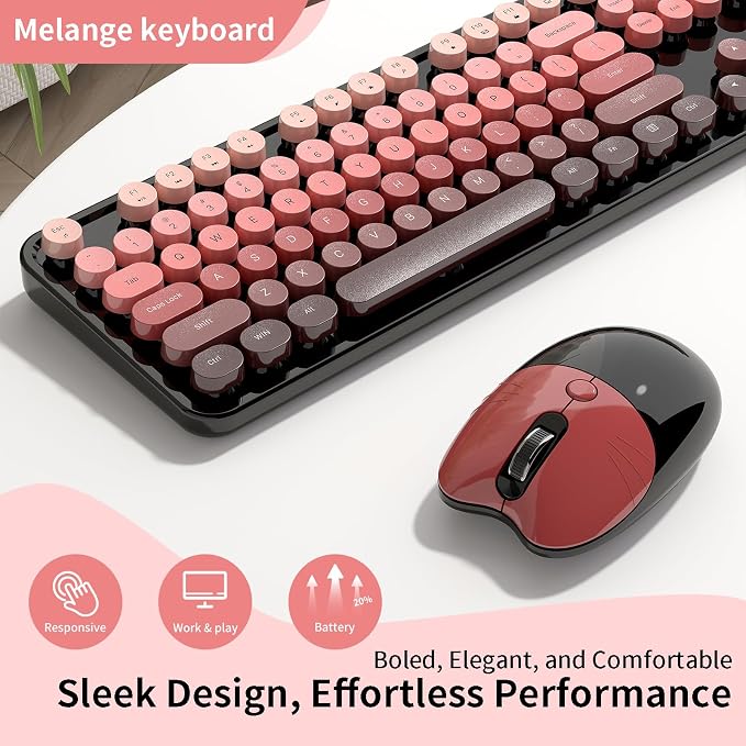Wireless Keyboard and Mouse, 104 Round Keycaps Retro Typewriter | with OTG & Brush, Full-Size Ergonomic, Ideal for Windows PC, Home, Office and College Black Pink - Image 3