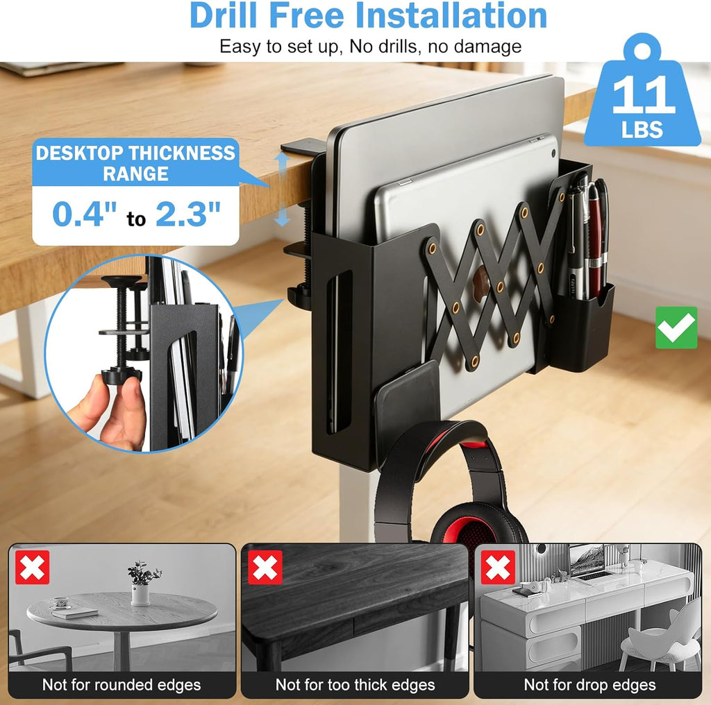Desk Side Storage，Under Desk Clamp-on Vertical Laptop Holder,7-17 Inch Length Adjustable with Pen & Headphone Holder,No Drill Storage Shelf for Desk，Fits Table Edge 0.4" to 2.3"(Black) - Image 4